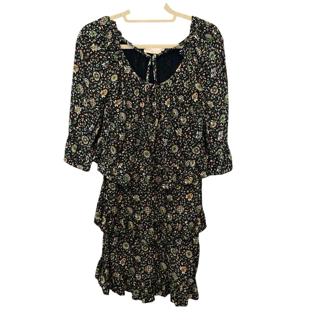 Tory Burch 100% Silk Printed Shift Dress with Ruffles | Elbow Length Sleeves - Picture 3 of 14